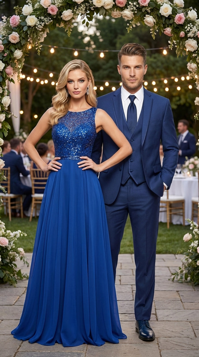 Men’s Blue 3 Piece Vested Tuxedo with 2 Button Jacket, Satin Trim and Matching Pants