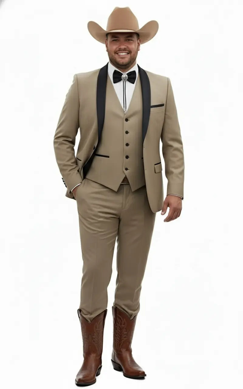 Men’s Western Cowboy Suit – 3-Piece Tan Tuxedo with Black Lapel, Vest, and Pants Beige  Color