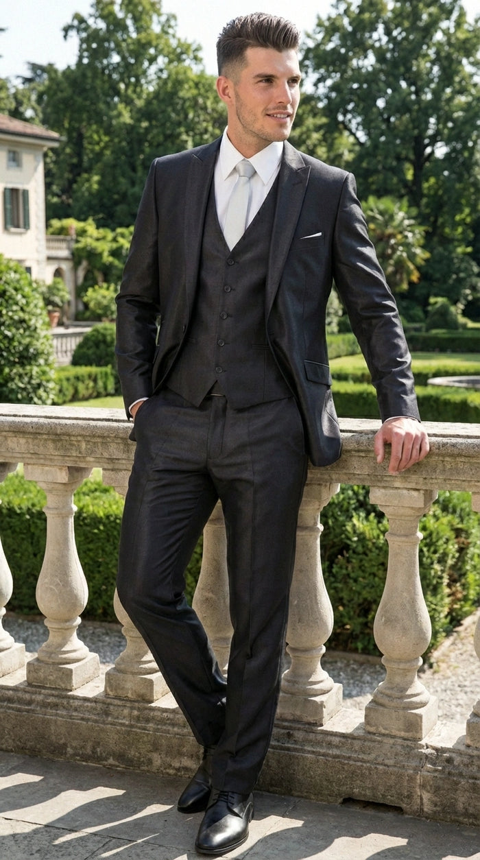 Men’s Black Three Piece Suit – Modern Fit 3PC Formal Suit with Vest for Weddings, Prom and Business Events Sharkskin Shiny Fabric
