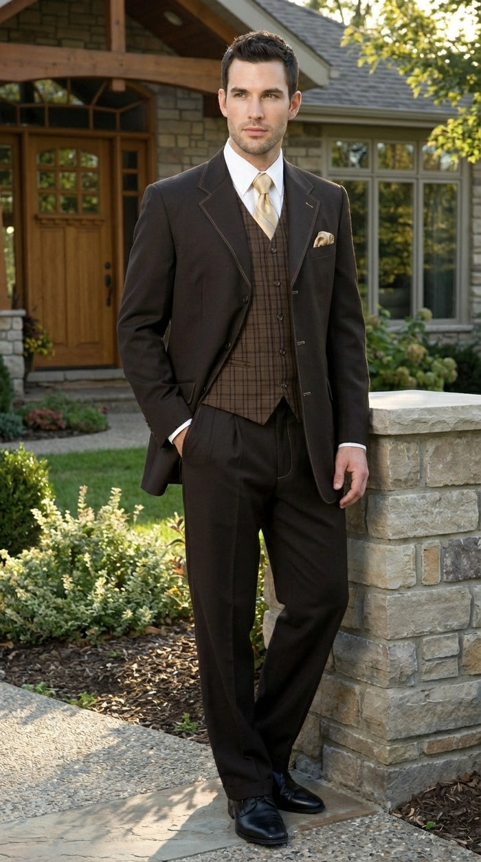 Tuxedo Men’s Dark choclate Brown Three Buttons 3 Piece Suit – Classic Brown 3PC Wedding, Church and Business Formal Suit for Men