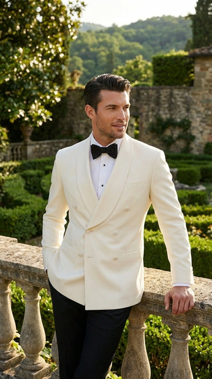 Men’s Ivory Wool Dinner Jacket – Classic Double Breasted Formal Tuxedo Jacket for Wedding and Black Tie Events