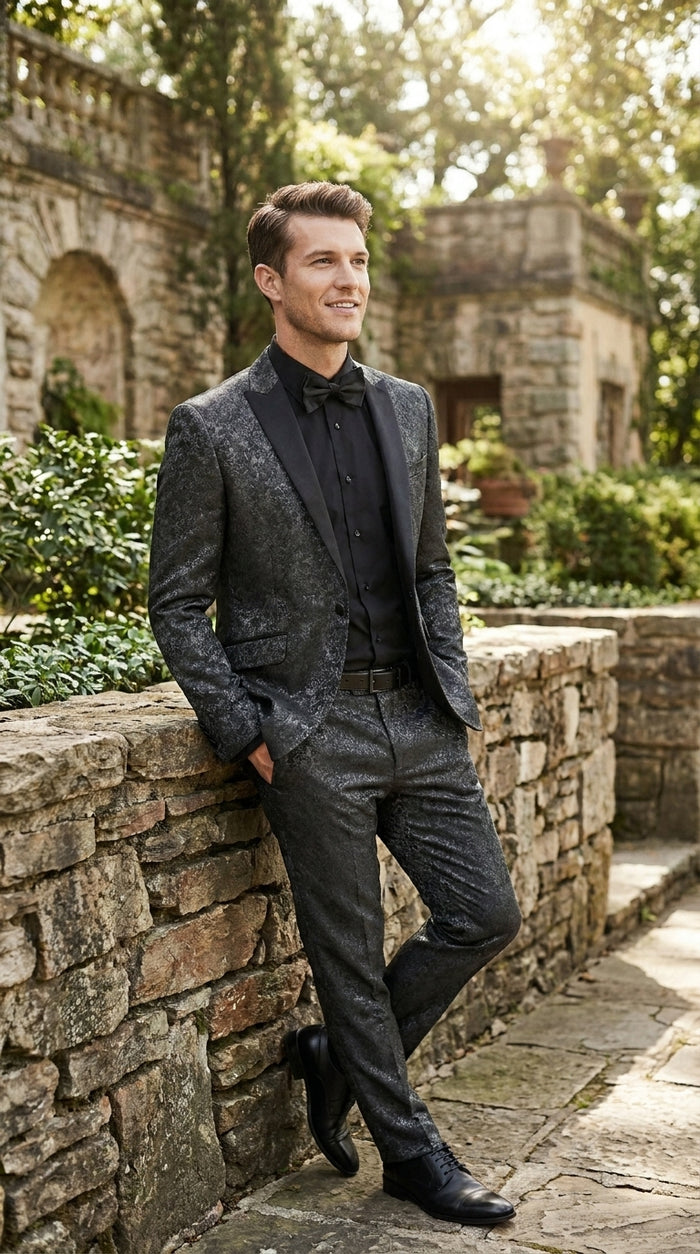 Men’s Black Paisley Wedding and Prom Tuxedo with One Button Jacket, Formal Dinner Suit