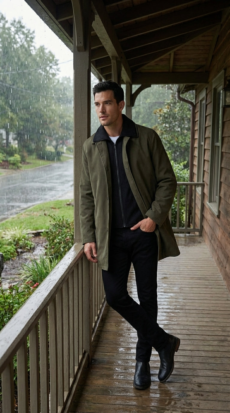 Mens Olive Brown Trench Coat Raincoat – Classic Water Resistant Long Coat with Zip and Button Closure for Business, Travel and Everyday Outerwear