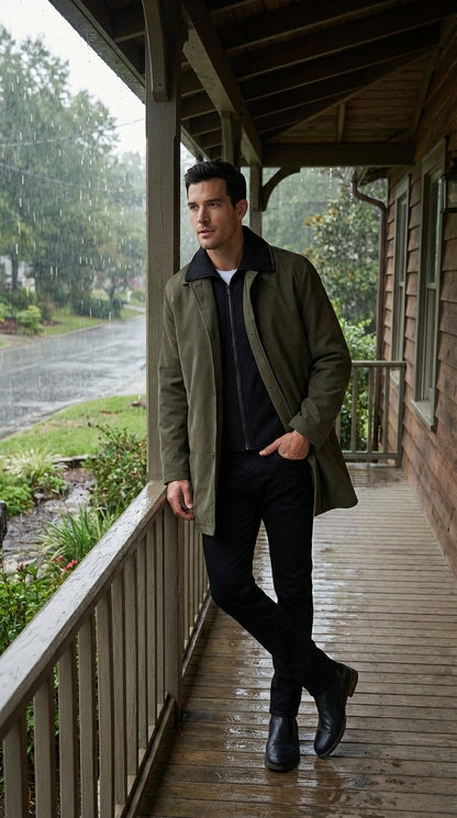 Mens Olive Brown Trench Coat Raincoat – Classic Water Resistant Long Coat with Zip and Button Closure for Business, Travel and Everyday Outerwear