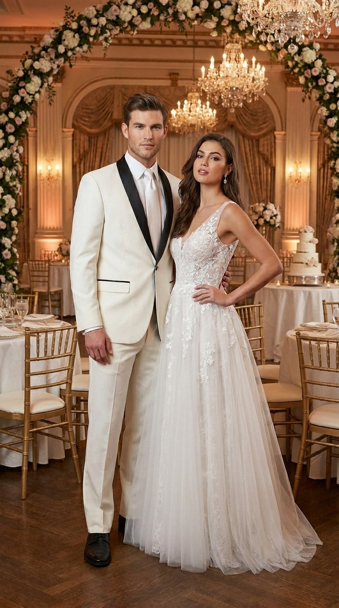 Men’s Ivory and Black Shawl Tuxedo Suit with Jacket and Pants, Formal Wedding Dinner Suit