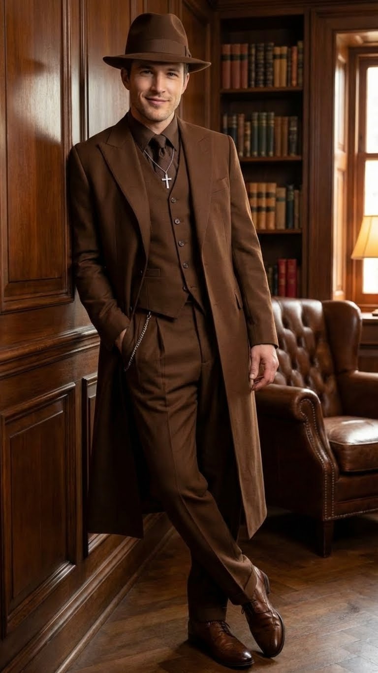 Mens Brown 1920s Zoot Suit  Long Gangster Mafia Suit Vintage Three-Piece Costume Set Pachuco Style