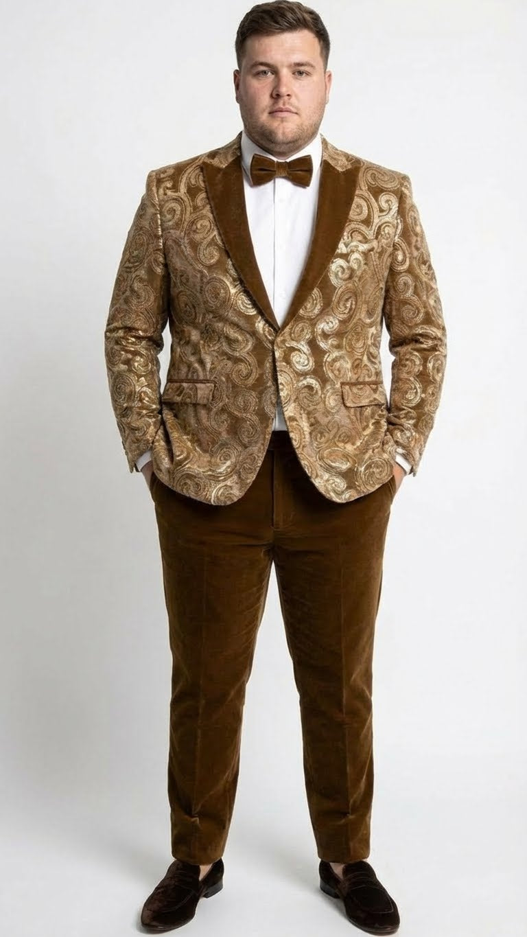 Mens Goldish Light brown Tuxedo dinner Jacket Embroidered Blazer  Velvet Jacket for Formal Paisley Pattern Coffee Mocca Color