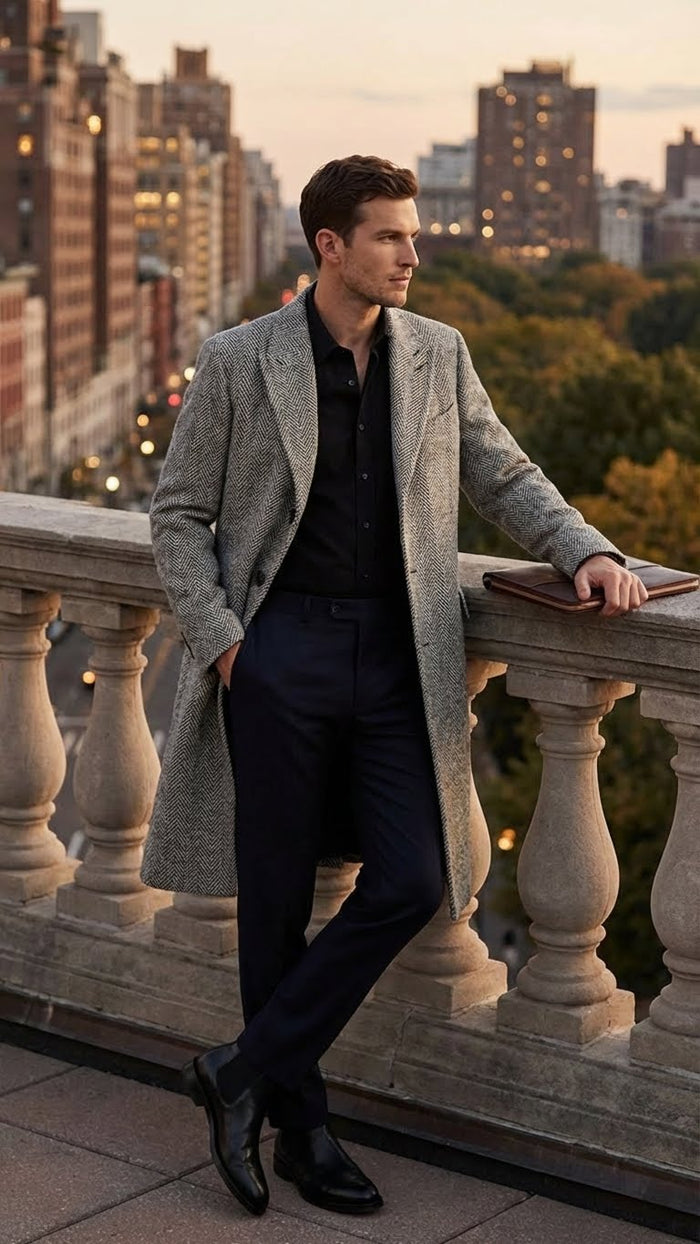 Mens Grey Herringbone Long Overcoat  Tweed Black and White Pattern Wool Topcoat Three Qaurter