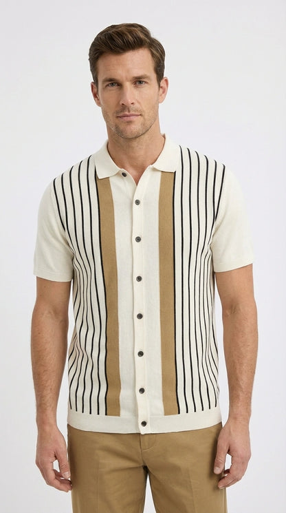 Mens Cream and Tan Striped Walking Suit Set – Casual Summer Short Sleeve Shirt and Pants Outfit for Vacation, Travel and Everyday Wear