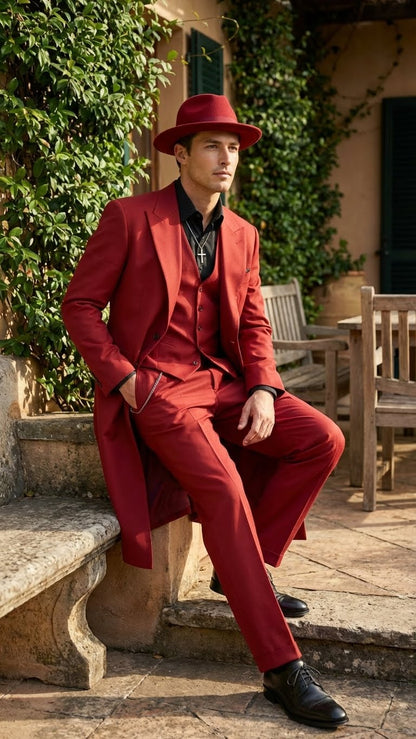 Mens 1920s Red Zoot Suit  Long Mafia Gangster Three-Piece Vintage Outfit Zuit Pachuco Style