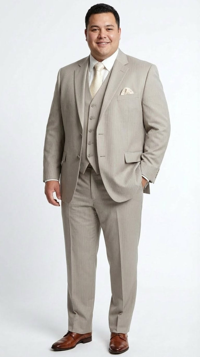 Mens Light Tan Pinstripe 3 Piece Suit with Jacket, Vest, and Pants | Shadow Stripe Tone Tone Pleated Pants Classic