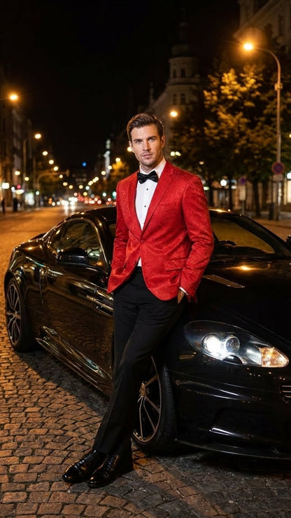 Mens Red Paisley Velvet Blazer - Christmas new year Sport Coat Jacket - Prom 2026 Collection