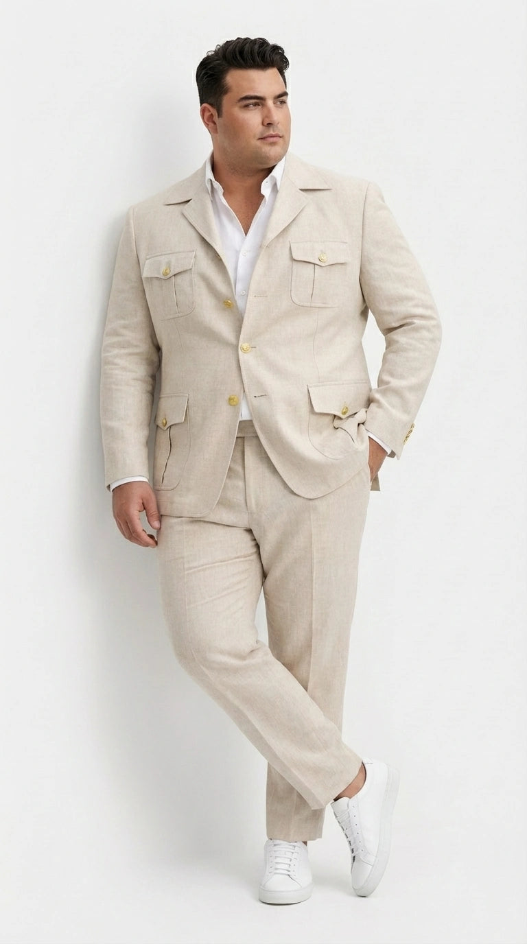 Mens Tan Beige Safari Military Walking Suit Set – Casual Two Piece Outfit Lightweight Summer Blazer and Pants Set Classic Casua Wear