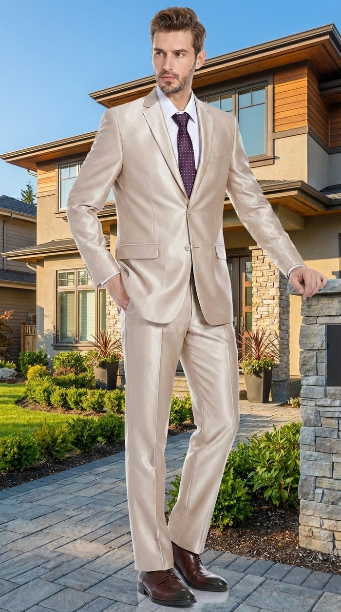 Men’s Champagne Tan Sharkskin 2 Button Suit – Glossy Formal Suit with Optional Vest for Wedding, Prom, Business Beige Color