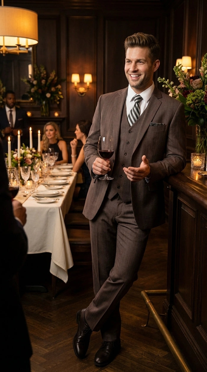 Men’s Brown Sharkskin 3 Piece Suit – Textured Two Button Vested Business Formal Suit for Wedding, Party Wear Elegant
