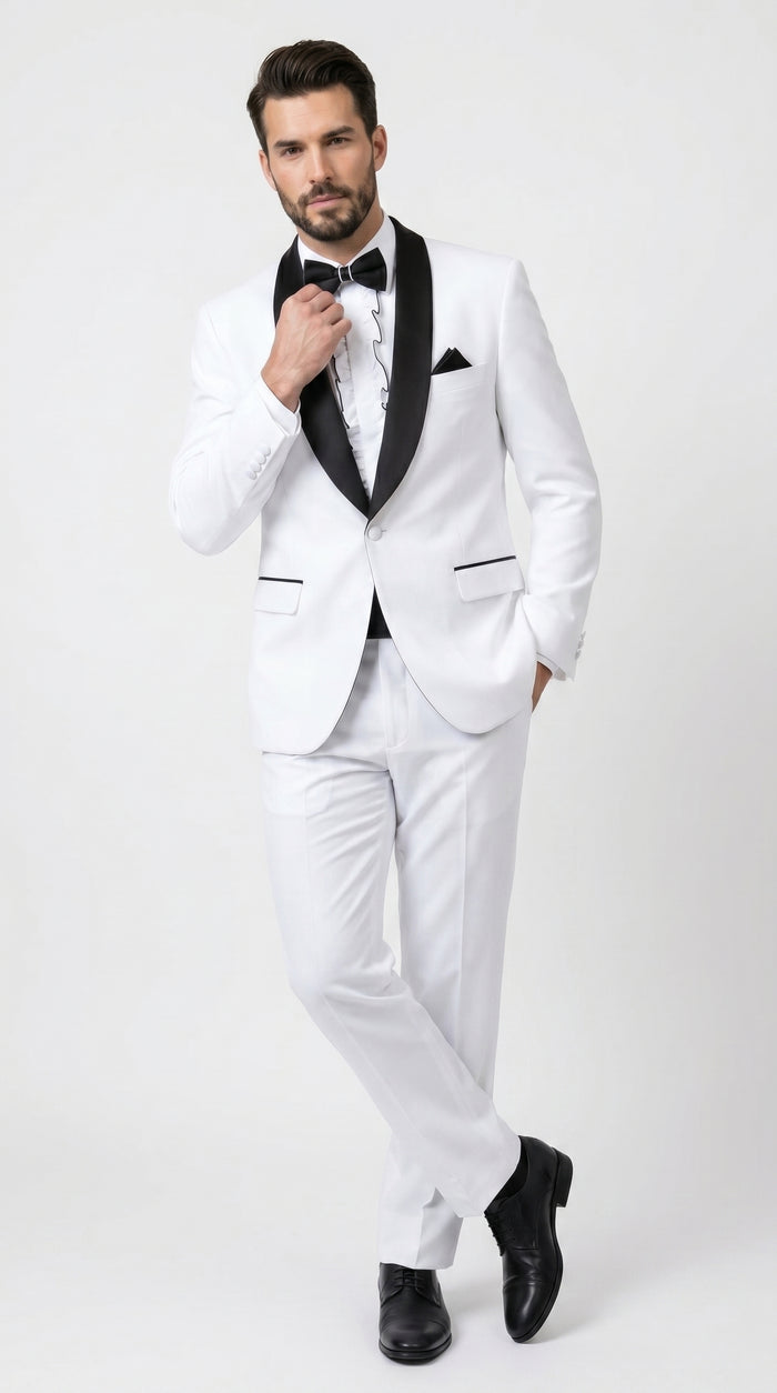 Men’s White and Black Classic Microfiber Shawl Tuxedo with Jacket and Pants, Formal Wedding Suit
