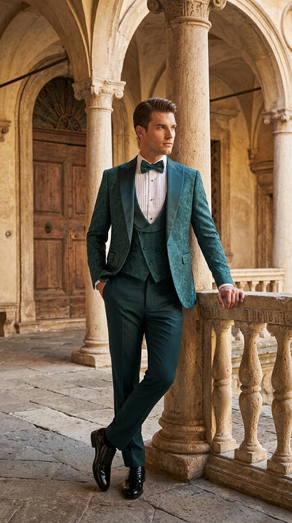 Men’s Hunter Green Paisley Tuxedo – 3 Piece Prom & Wedding Suit with Matching Bow Tie