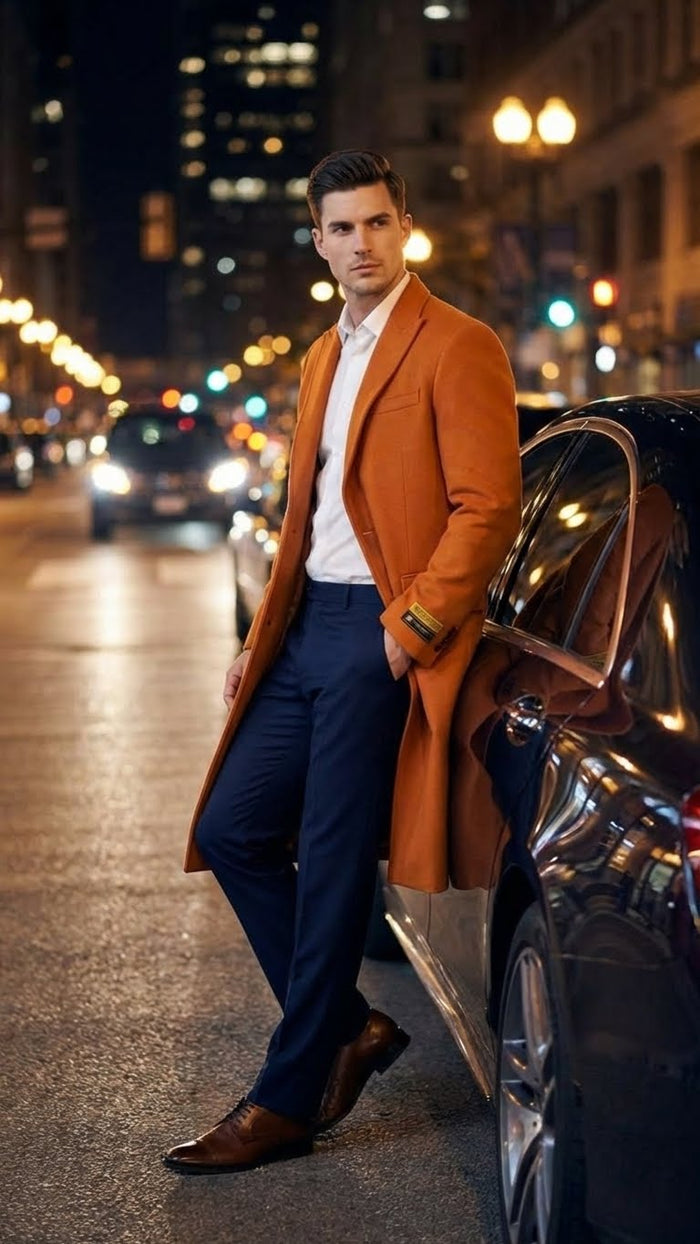 Mens Orange - Rust Wool Blend Long Overcoat  Topcoat Carcoat Topcoat