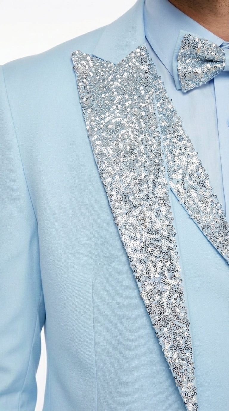 Men’s Light Blue Suit with Silver Glitter Lapel – Light Blue Formal Tuxedo Suit for Prom, Wedding and Special Occasion Wear in Sky Baby Blue