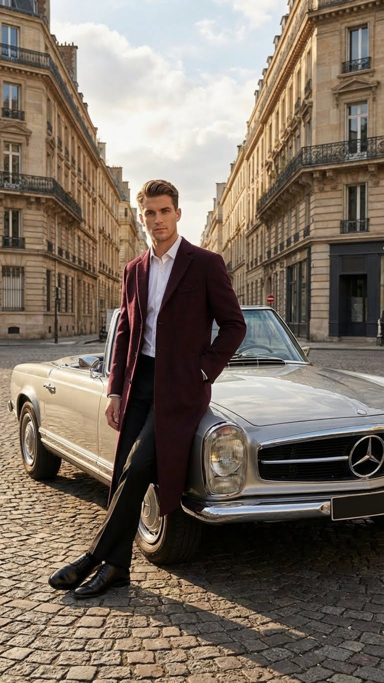 Mens Burgundy Long Coat  Classic Fit Wool Blend Overcoat - Topcoat Full length