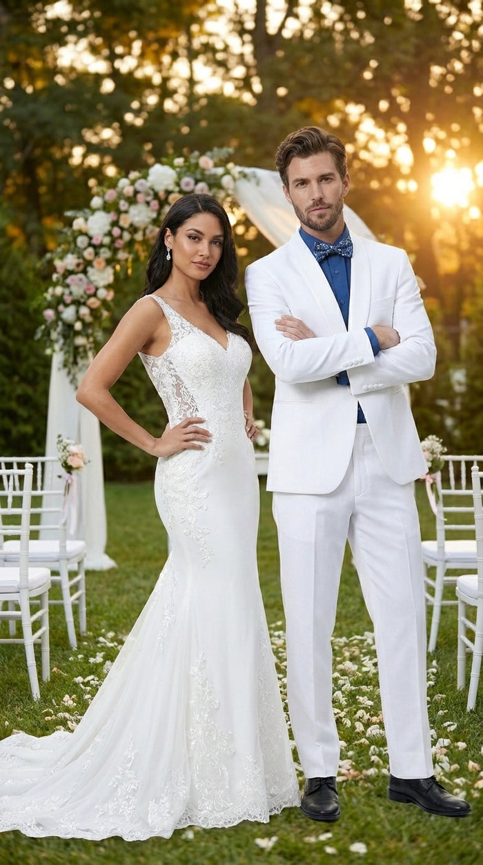 Men’s White Classic Microfiber Shawl Tuxedo with Jacket and Pants, Formal Wedding Dinner Suit