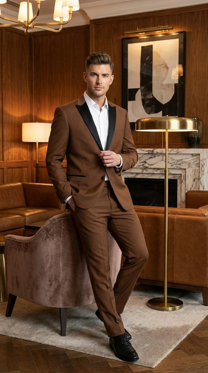 Men’s Light Brown Vested Piece Suit – Elegant Formal Suit with Contrast Lapel for Wedding, Party