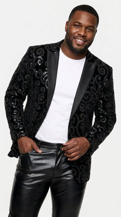 Men’s Black Velvet Sequin Swirl Dinner Jacket – Blazer Paisley Sparkly