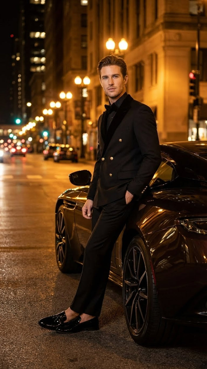 Men's Black Double Breasted Tuxedo Suit - Luxury Formal Dinner Jacket Gold Buttons Velvet Lapel