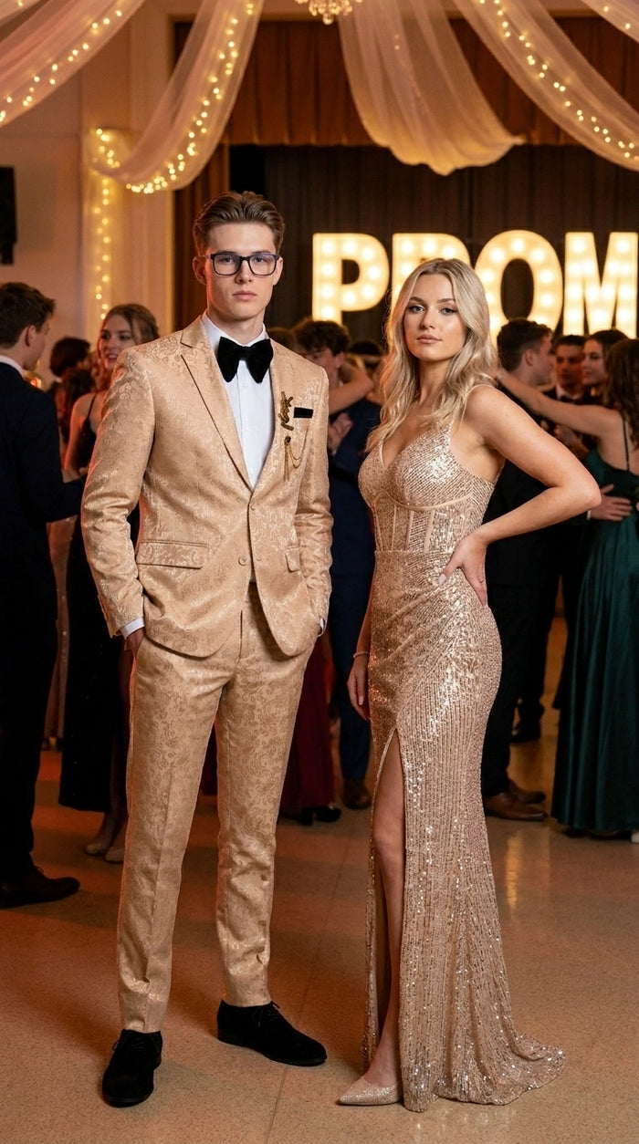 Men’s Champagne Gold Paisley Prom Tuxedo, Formal Dinner Suit for Prom, Weddings, Parties in Tan Color