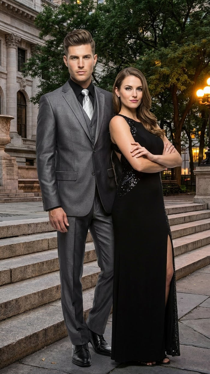 Men's Charcoal Gray Suit With Sheen -  | Shiny Texture Fabric Three Piece Wedding and Party Business