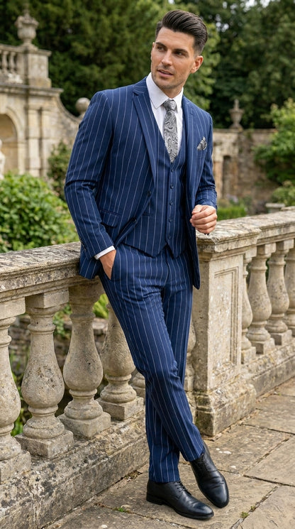 Men’s Navy Blue 1920s Gangster Stripe Vested Suit with White Pinstripes, 2 Button Dress Suit