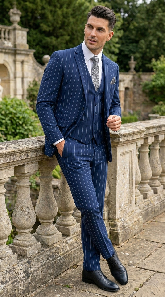 Men’s Navy Blue 1920s Gangster Stripe Vested Suit with White Pinstripes, 2 Button Dress Suit