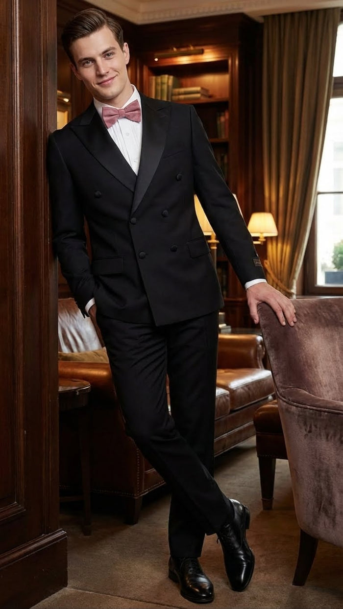 Tiglio Brand 100% Wool Super 150s Italian fabric Mens Classic Black Double-Breasted Tuxedo with Satin Peak Lapel  Formal Wedding & Gala Suit Set