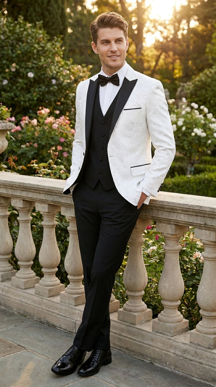 Men’s White Shiny Paisley Flower Pattern Tuxedo Jacket with Black Lapel, Formal Wedding Blazer