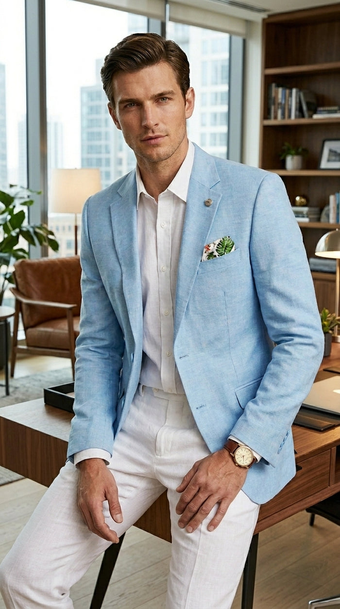 Men’s Sky Blue Linen Style Summer Blazer with Two Button Front, Lightweight Wedding Sport Coat