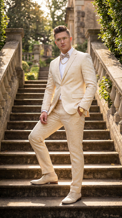 Mens 2 Button White with Gold Foil Floral Paisley Prom and Wedding Tuxedo