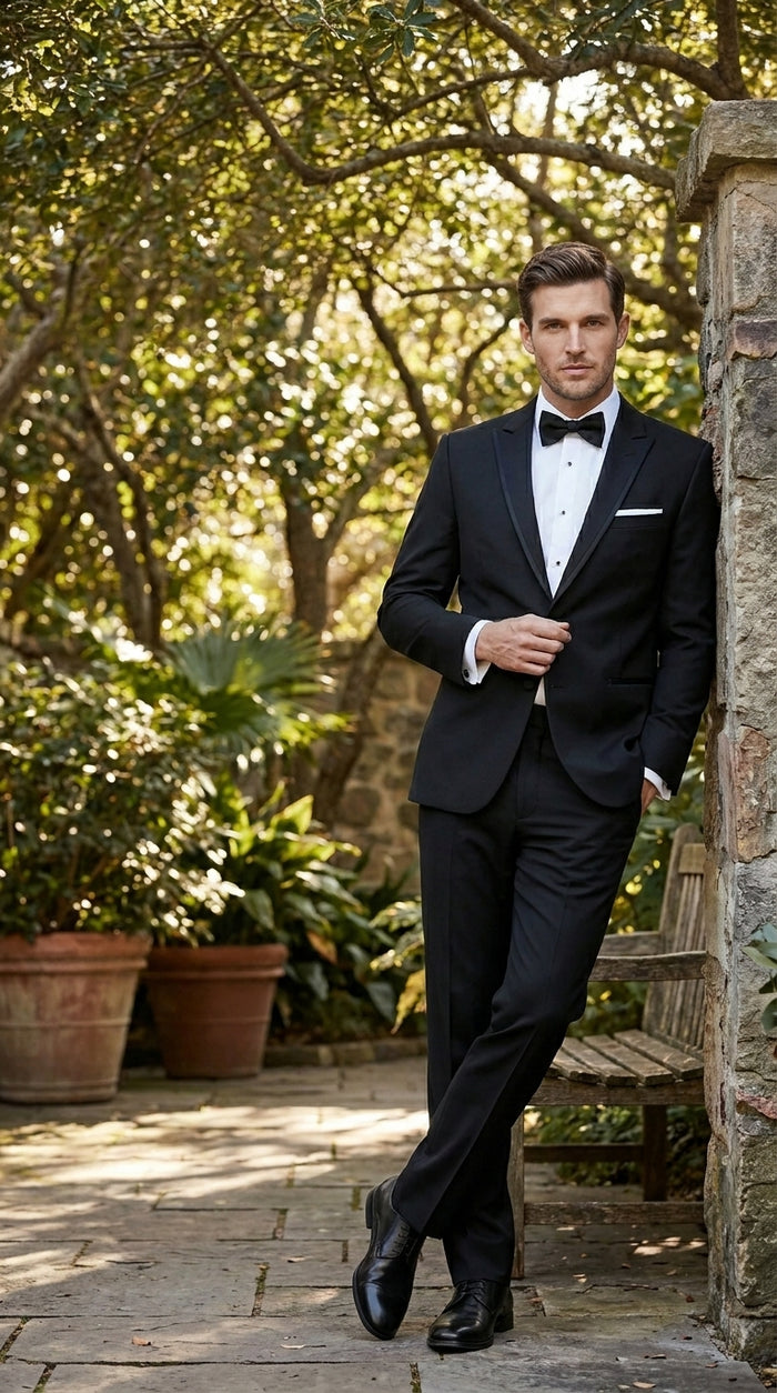 Men’s Black Designer Peak Trim Ashton Tuxedo with Satin Lapel, Formal Wedding Dinner Suit
