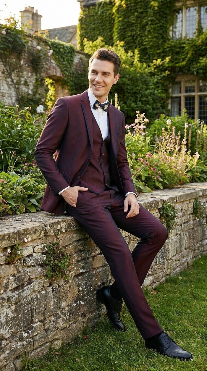 Men’s Burgundy Sharkskin Tuxedo with Satin Trim, Vested Formal Wedding and Prom Suit