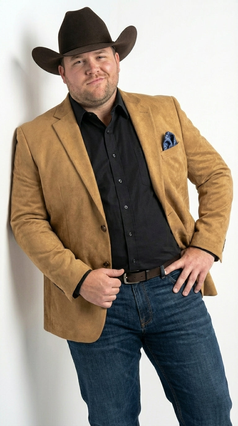 Men’s Camel Suede Cowboy Blazer with Elbow Patch – Camel Western Style Suede Sport Coat for Casual