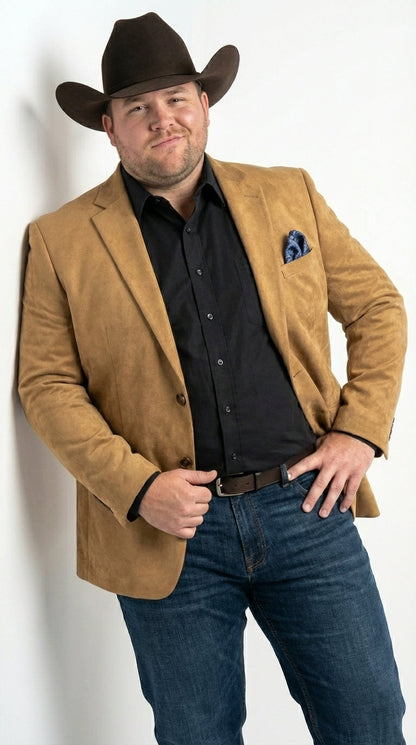 Men’s Camel Suede Cowboy Blazer with Elbow Patch – Camel Western Style Suede Sport Coat for Casual