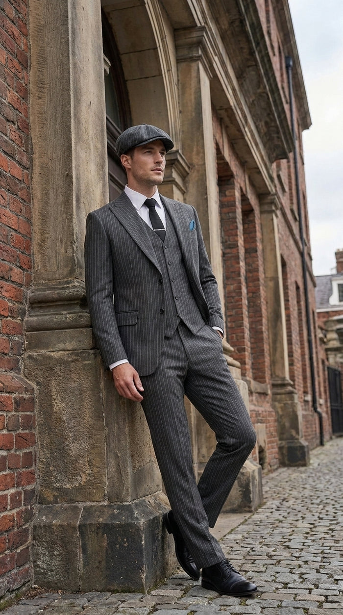 Men’s Thomas Shelby Peaky Blinders Gray Wool Suit Out fit Charcoal Grey Pinstripe 3-Piece  Vintage 1920s Suit