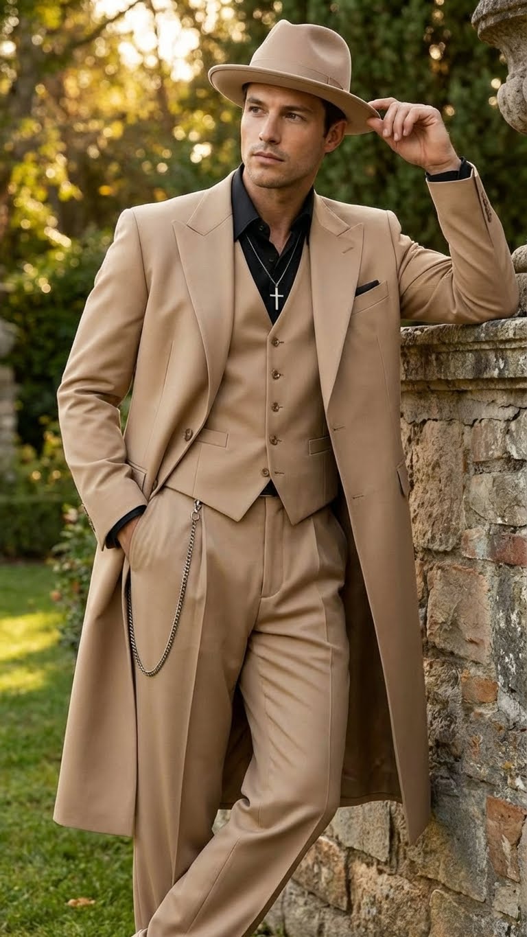 Mens 1920s Beige Zoot Suit  Long Mafia Gangster Three-Piece Suit in Tan Khaki Color 40 inch Zuit Pachuco Suit
