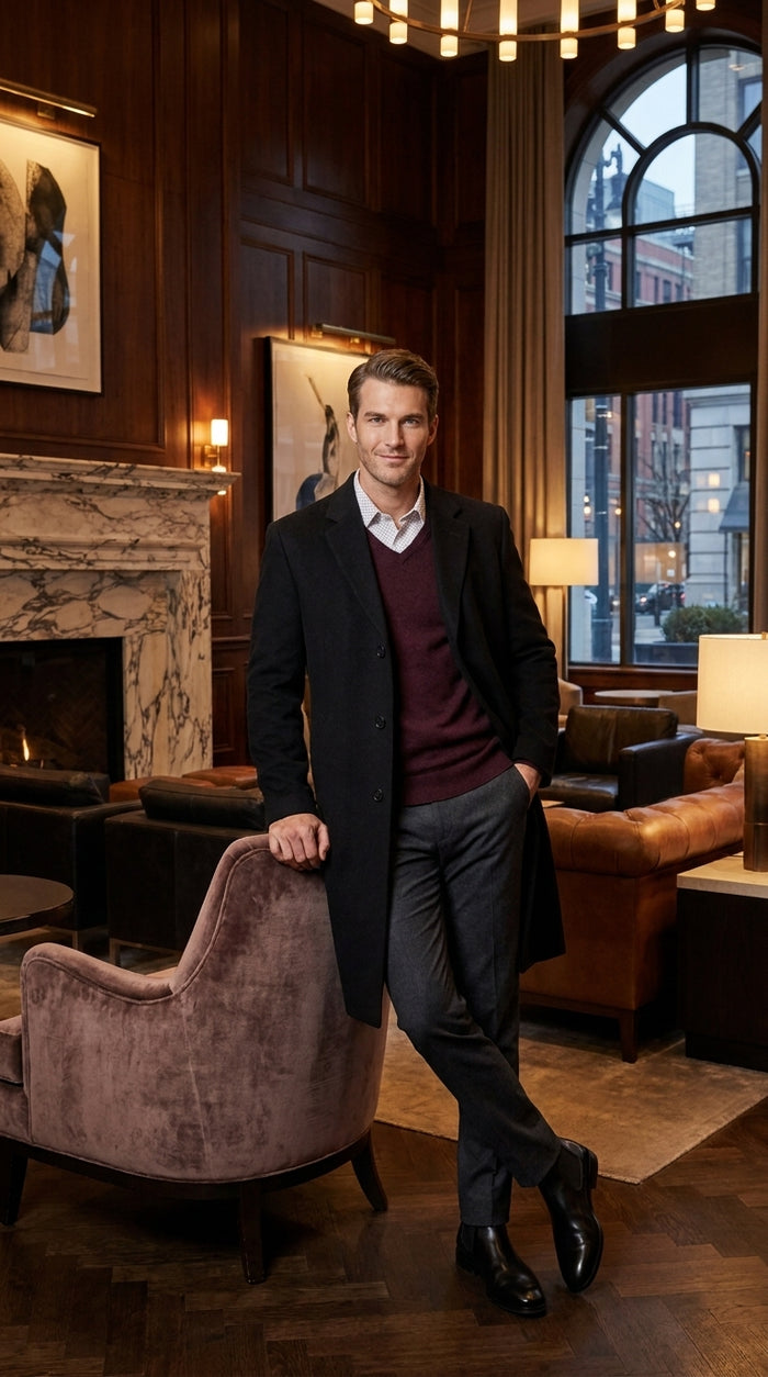 Men’s Big and Tall Black Cashmere Overcoat – Full-Length Winter Dress Coat for Business and Formal Wear