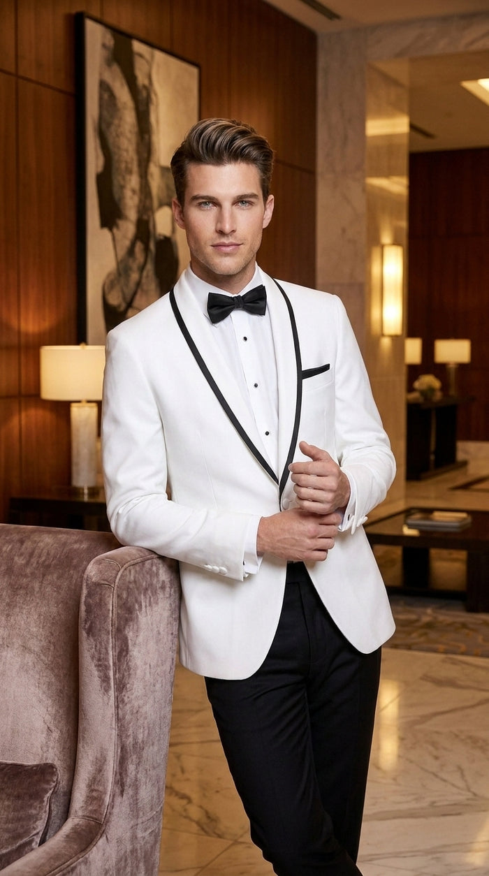 Men’s White Tuxedo Jacket – Black Trim Shawl Lapel Formal Dinner Blazer for Weddings, Prom Wedding Blazer Modern fit