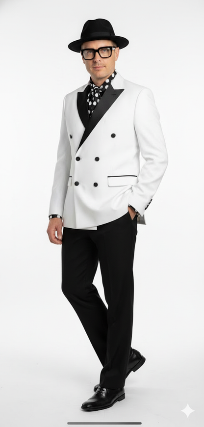 Mens White and Black Double-Breasted Tuxedo  Modern Slim Fit Formal Suit for Weddings, Parties, and Special Occasions