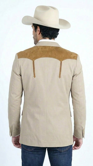 Men’s Khaki Western Blazer with Suede Yokes, Cowboy Sport Coat , Ranch and Country Events in Tan Khaki Color By Platini