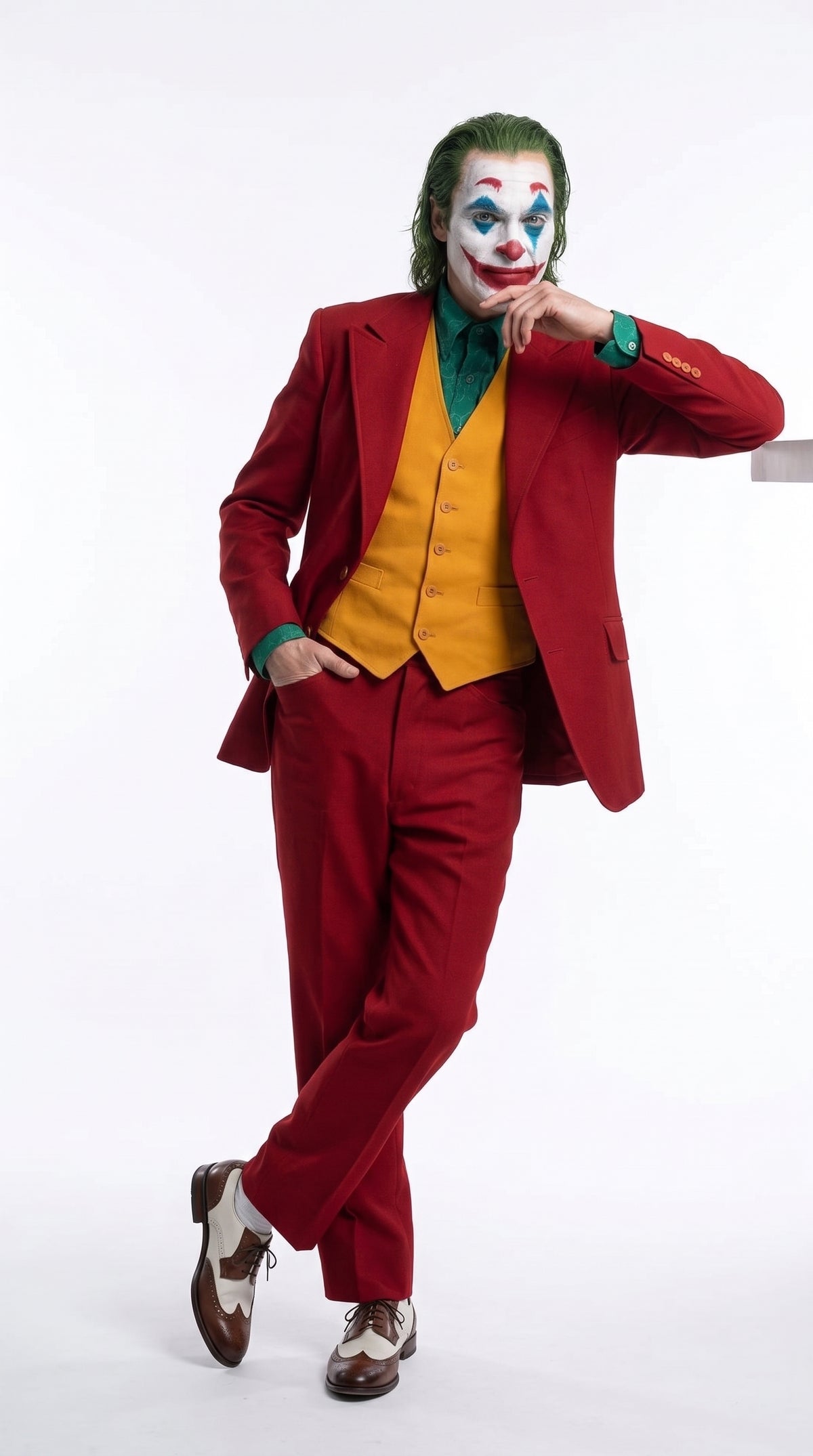 Men's Joker 2019 Red 3-Piece Suit – Joaquin Phoenix Movie-Inspired Costume with Orange Vest & Green Shirt & Tie Package