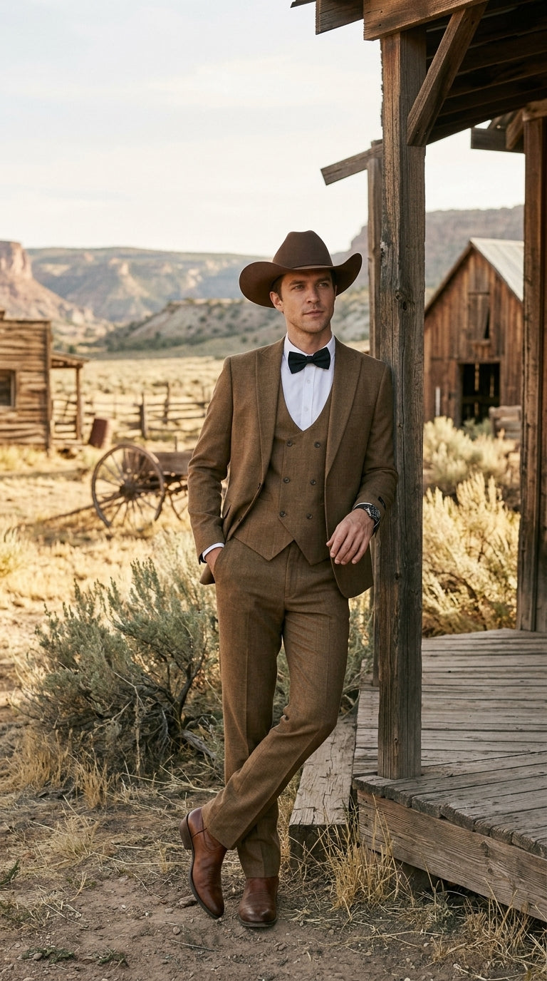 Men’s Light Brown Western 3-Piece Suit – Cowboy Wedding Suit with Vest British Khaki Bronze Color