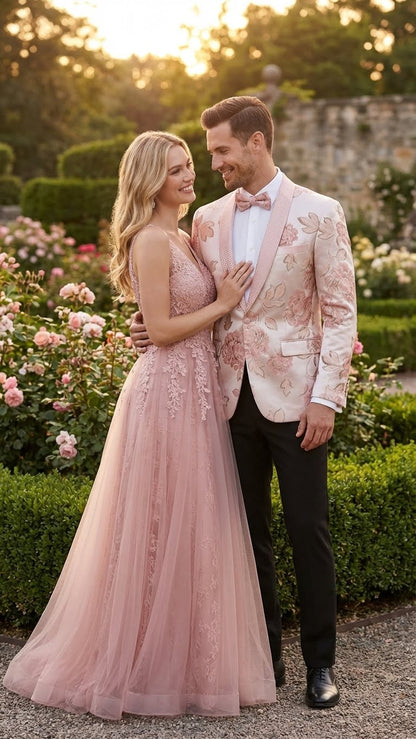 Mens Pink Blush Floral Jacquard Blazer with Embellished Shawl Lapel  Luxury Party and Wedding Wear Jacket