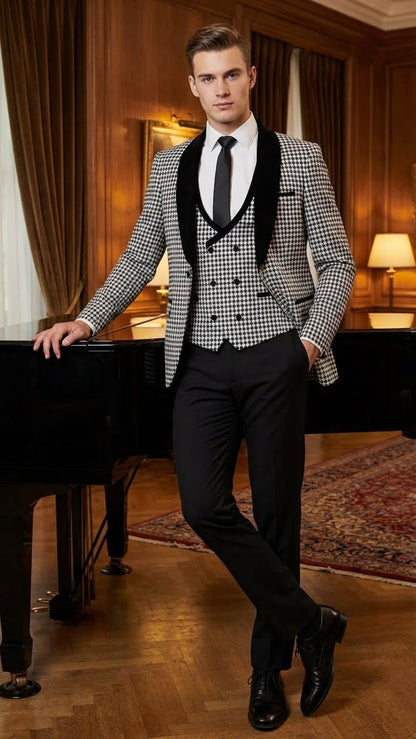 Mens Black and White Houndstooth Tuxedo Set with Velvet Shawl Lapel | 3-Piece Formal Suit with Double-Breasted Vest